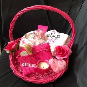 Breast Cancer Awareness pink wicker gift basket